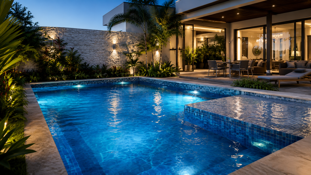 Piscina residencial moderna iluminada